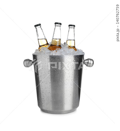 Beer in metal bucket with ice isolated on white Beer in metal bucket with ice isolated on white 140762759