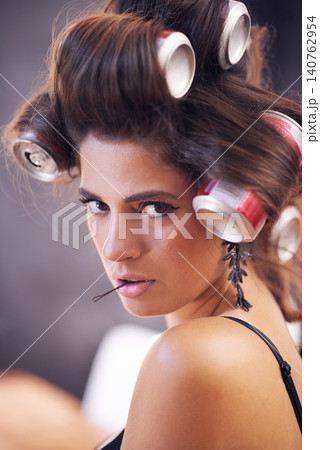 Glamour, curlers and woman with hair, portrait and creative for curling with cans for soda on head. Adult, girl and female person with confidence of style, texture and aesthetic for grooming tools Glamour, curlers and woman with hair, portrait and creative for curling with cans for soda on head. Adult, girl and female person with confidence of style, texture and aesthetic for grooming tools 140762954