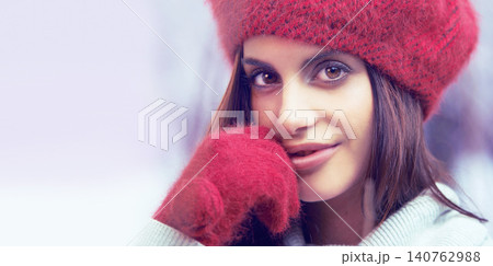 Style, beauty and portrait of woman with winter clothes on cold weather vacation or holiday. Serious, makeup and face of female person with gloves and beanie for trendy fashion for weekend trip. Style, beauty and portrait of woman with winter clothes on cold weather vacation or holiday. Serious, makeup and face of female person with gloves and beanie for trendy fashion for weekend trip. 140762988