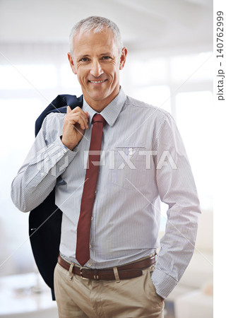 Smile, portrait and mature businessman, confident ceo or senior manager at corporate startup office. Relax, career and happy face of business owner, boss or proud entrepreneur at professional agency 140762999
