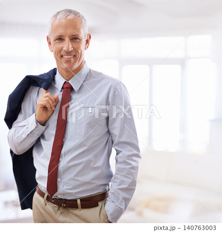 Smile, portrait and mature politician, happy ceo or senior manager at government office. Relax, confidence and businessman, boss or professional entrepreneur at agency with pride, trust and mockup 140763003