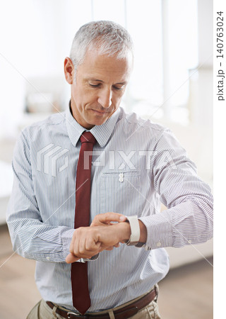 Smart watch, alert and senior businessman in office for tech, message or email notification. Check, planning or elderly male entrepreneur with watch, time or digital schedule, calendar or clock alarm 140763024