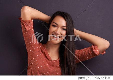Portrait, fashion and woman in studio background, pride and cool for trendy style. Female model, smile and confidence with happiness, stylish and edgy girl in casual outfit or clothes from mexico 140763106