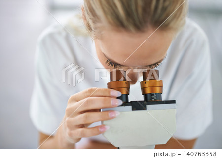 Solution, microscope or woman scientist in laboratory for research, medical analysis or test experiment. Healthcare, investigation or science expert with technology for future development or results 140763358