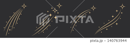 Gold Shooting Star Trail Set on Dark Background, Luxury Celestial Sparkle Arcs and Magic Dust Paths, Minimal Vector Twinkle Elements for Elegant Decoration, Logo and Graphic Design 140763944