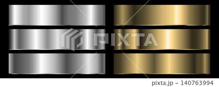 A set of silver and gold metallic gradients. Vector collection of metal gradients for chrome button, ribbon, brass metal frame border, label design 140763994