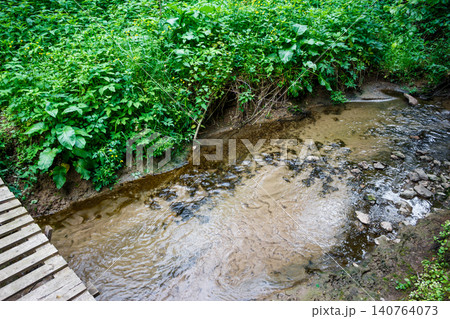 A tranquil shallow creek winds through vibrant green wild growth. A rustic wooden footbridge peeks into the frame, hinting at a path in this serene forest spot A tranquil shallow creek winds through vibrant green wild growth. A rustic wooden footbridge peeks into the frame, hinting at a path in this serene forest spot 140764073