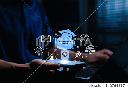 Online education and AI learning concept. student holding smartphone showing robot assistant icon. Person using artificial intelligence chatbot tech for digital university, study course and graduation Online education and AI learning concept. student holding smartphone showing robot assistant icon. Person using artificial intelligence chatbot tech for digital university, study course and graduation 140764117