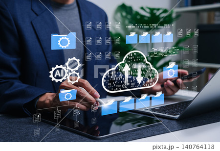 Cloud computing technology and AI document management system concept. file automation system, upload data, organize online corporate files folder, digital backup transfer, network security, Agentic AI Cloud computing technology and AI document management system concept. file automation system, upload data, organize online corporate files folder, digital backup transfer, network security, Agentic AI 140764118