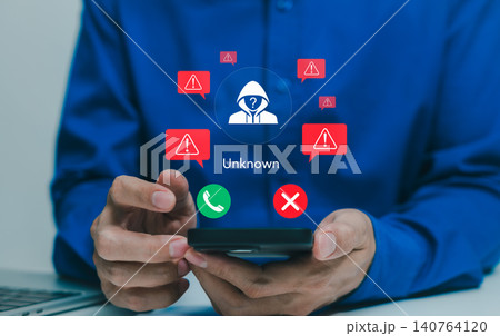 Unknown caller warning and phone scam protection concept. Person using smartphone, suspicious alerts, unknown identity, accept or reject, fraud risk, phishing prevention, mobile security, cyber safety Unknown caller warning and phone scam protection concept. Person using smartphone, suspicious alerts, unknown identity, accept or reject, fraud risk, phishing prevention, mobile security, cyber safety 140764120
