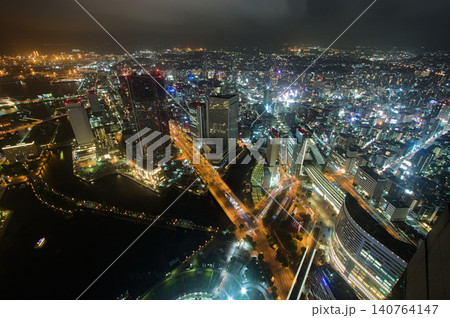 Night aerial view of Yokohama port seen from Yokohama Landmark Tower. 140764147