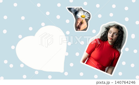 Young woman with curly hair wearing a red shirt poses against a light blue polka dot background with heart and flower graphic elements 140764246