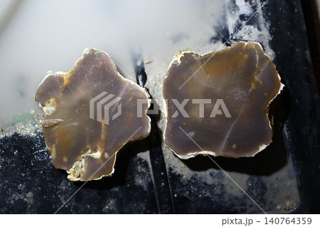 Two split pieces of rough bluish chalcedony nodule freshly sawn in a workshop, showcasing natural mineral texture and earthy aesthetics with wet stone debris on a black surface Two split pieces of rough bluish chalcedony nodule freshly sawn in a workshop, showcasing natural mineral texture and earthy aesthetics with wet stone debris on a black surface 140764359