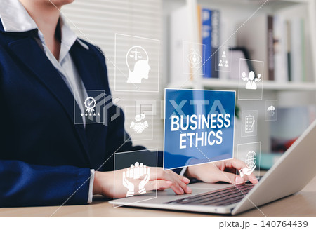 Business ethics and corporate responsibility concept. Businessperson is using laptop with transparent icons represent corporate responsibility, ethics, integrity, professional standards, core values, Business ethics and corporate responsibility concept. Businessperson is using laptop with transparent icons represent corporate responsibility, ethics, integrity, professional standards, core values, 140764439