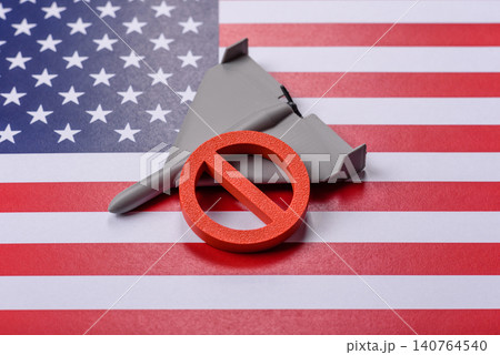A Shahed drone featuring a prohibition symbol on the US flag, serving as a conceptual background 140764540