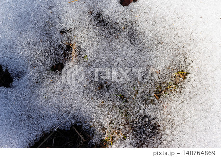 Melting snow revealing patches of dark earth and sparse green shoots, a classic sign of spring's arrival, capturing nature's transition Melting snow revealing patches of dark earth and sparse green shoots, a classic sign of spring's arrival, capturing nature's transition 140764869