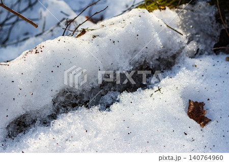Glistening, rough texture of melting spring snow in a sunlit forest. Winter's last breath, revealing intricate crystalline details and thawing ground Glistening, rough texture of melting spring snow in a sunlit forest. Winter's last breath, revealing intricate crystalline details and thawing ground 140764960