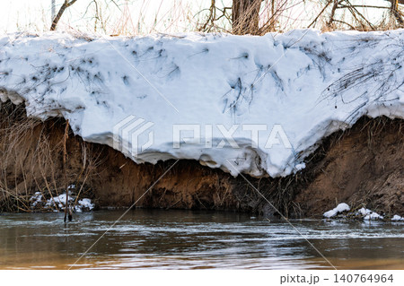 A thick layer of melting snow drapes a steep riverbank, revealing earthy tones and bare branches. Murky spring waters reflect the slow thaw and natural transformation A thick layer of melting snow drapes a steep riverbank, revealing earthy tones and bare branches. Murky spring waters reflect the slow thaw and natural transformation 140764964