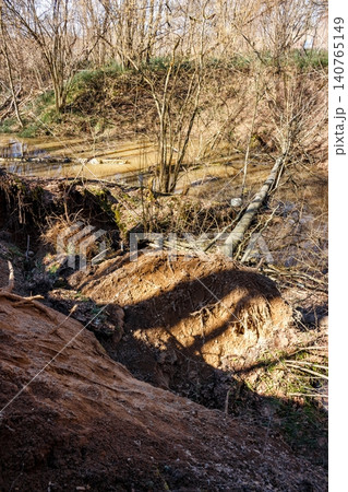 Dramatic sand slope collapse during spring thaw, revealing raw earth and submerged trees. Waterways swelled, carving a path through the unstable terrain and reshaping the landscape 140765149