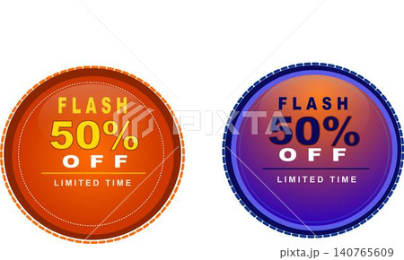 Two glossy circular flash sale badges offering 50% off for a limited time, one in orange and one in purple. 140765609