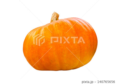 Bright orange red beautiful large pumpkin with a long tail isolated on white background. Front view Bright orange red beautiful large pumpkin with a long tail isolated on white background. Front view 140765656