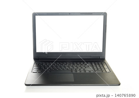 open black laptop with a glowing white screen located in the center frontally open black laptop with a glowing white screen located in the center frontally 140765890