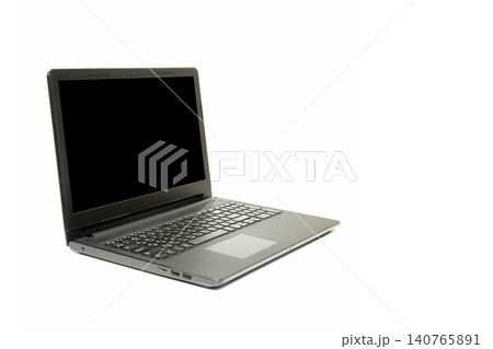 black open laptop is located at an angle in profile on a white background from the side 140765891