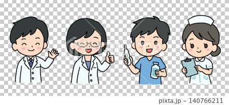 醫生和護士醫療專業人員套裝 / 4 人（男女） - 不同的微笑和姿勢 - 向量圖 140766211