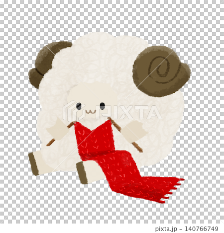ひつじが赤いマフラーを編んでいる手描きのデフォルメイラスト 140766749