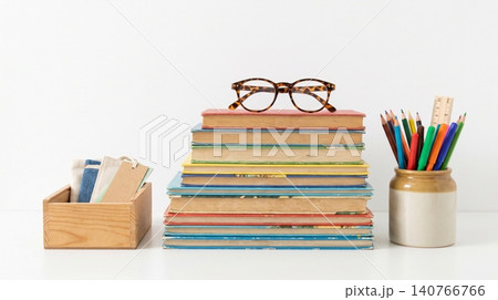 Stack of old books with reading glasses and colored pencils education literature stationery knowledge accessories learning academic research equipment organized supplies creative studying Stack of old books with reading glasses and colored pencils education literature stationery knowledge accessories learning academic research equipment organized supplies creative studying 140766766