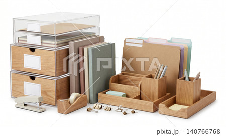 Organized wooden desktop office supplies and stationery set with organizer stationery workspace business professional supplies management corporate accessories document equipment container Organized wooden desktop office supplies and stationery set with organizer stationery workspace business professional supplies management corporate accessories document equipment container 140766768
