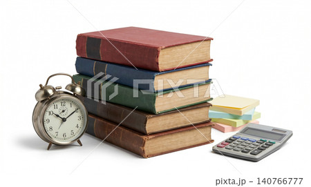 Stack of old books with vintage alarm clock and calculator education learning academic stickynotes knowledge literature calculation business hardcover textbooks university Stack of old books with vintage alarm clock and calculator education learning academic stickynotes knowledge literature calculation business hardcover textbooks university 140766777