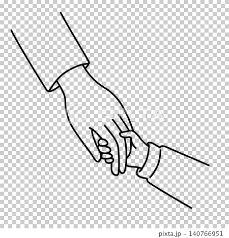 Line drawing illustration of a parent and child holding hands (close-up). Line drawing illustration of a parent and child holding hands (close-up). 140766951