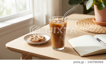 Glass of iced coffee with straw and cookie on sunny desktop beverage notebook refreshing chocolate afternoon lifestyle minimalist planning productivity stationery relaxing refreshment Glass of iced coffee with straw and cookie on sunny desktop beverage notebook refreshing chocolate afternoon lifestyle minimalist planning productivity stationery relaxing refreshment 140766988