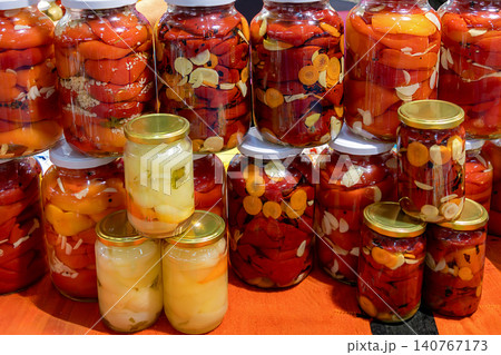 Homemade pickled vegetables glass jars Homemade pickled vegetables glass jars 140767173