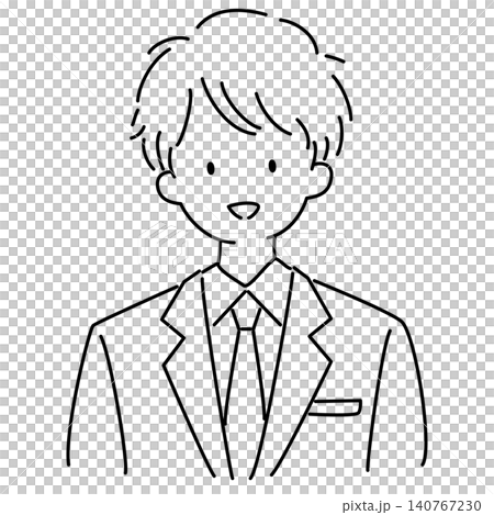 A line drawing illustration of the upper body of a young male office worker wearing a suit. A line drawing illustration of the upper body of a young male office worker wearing a suit. 140767230