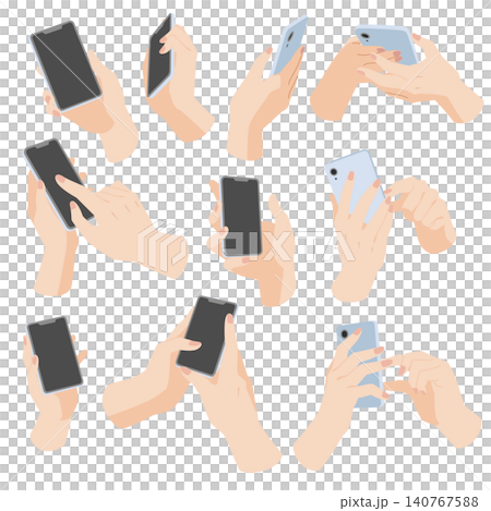 10 different illustrations of hands operating a smartphone. 10 different illustrations of hands operating a smartphone. 140767588