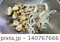 Fresh Mixed Sliced Straw and Oyster Mushrooms in a Stainless Steel Bowl 140767666