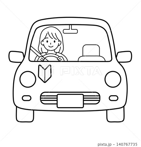 初心者マークを付けた自動車を運転する女性(正面)の線画イラスト 初心者マークを付けた自動車を運転する女性(正面)の線画イラスト 140767735