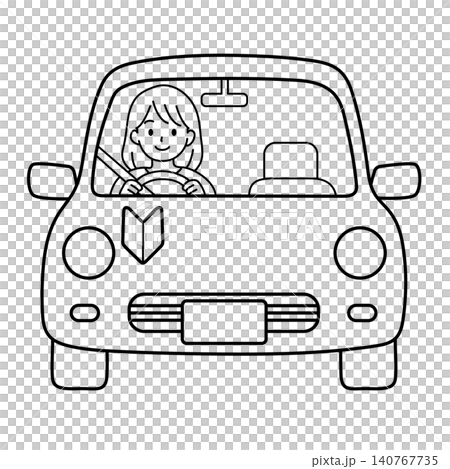 初心者マークを付けた自動車を運転する女性(正面)の線画イラスト 初心者マークを付けた自動車を運転する女性(正面)の線画イラスト 140767735