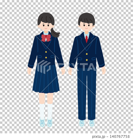 Full-body illustrations of a female and male student wearing blazer uniforms. Full-body illustrations of a female and male student wearing blazer uniforms. 140767758