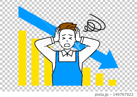 A graph showing a decline and a man in an apron holding his head in worry. A graph showing a decline and a man in an apron holding his head in worry. 140767822