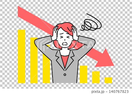 A woman in a suit with a worried expression on a declining graph. A woman in a suit with a worried expression on a declining graph. 140767823