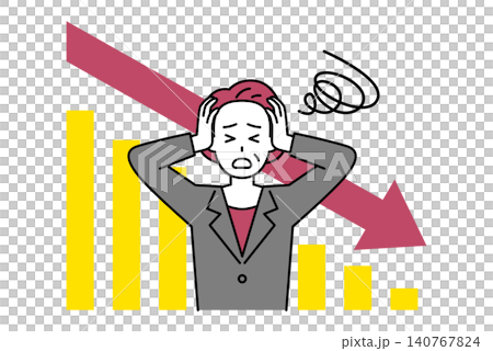 下降するグラフと頭を抱えて悩む中年のスーツの女性 下降するグラフと頭を抱えて悩む中年のスーツの女性 140767824