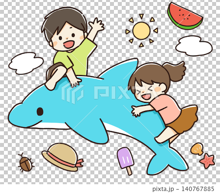 孩子們騎著海豚玩耍的插圖 孩子們騎著海豚玩耍的插圖 140767885