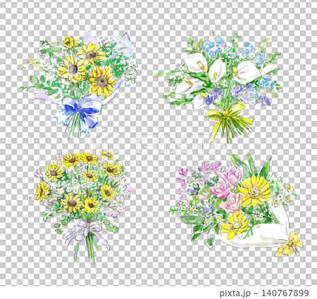 一組水彩風格的插畫,描繪了一束色彩繽紛的夏日鮮花。 一組水彩風格的插畫,描繪了一束色彩繽紛的夏日鮮花。 140767899