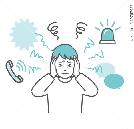 聴覚過敏で周囲の音に苦しむ男性(ASD)のイラスト 聴覚過敏で周囲の音に苦しむ男性(ASD)のイラスト 140767928