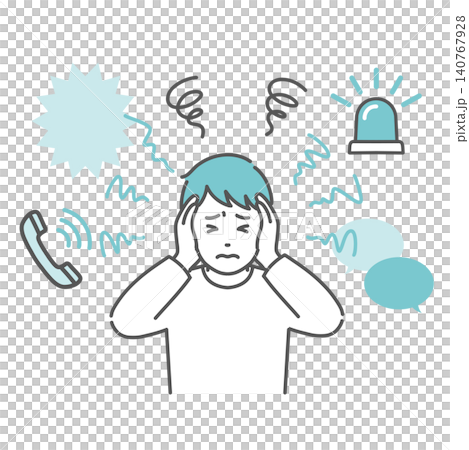 圖中描繪了一位患有自閉症譜系障礙(ASD)的男子,他患有聽覺過敏症,容易受到周圍聲音的困擾。 圖中描繪了一位患有自閉症譜系障礙(ASD)的男子,他患有聽覺過敏症,容易受到周圍聲音的困擾。 140767928