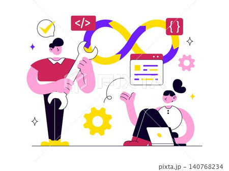 DevOps Vector Illustration Featuring Continuous Integration, Continuous Deployment, Software Development, Code Collaboration, and Agile Workflow DevOps Vector Illustration Featuring Continuous Integration, Continuous Deployment, Software Development, Code Collaboration, and Agile Workflow 140768234