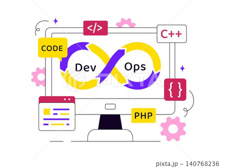 DevOps Vector Illustration Featuring Continuous Integration, Continuous Deployment, Software Development, Code Collaboration, and Agile Workflow DevOps Vector Illustration Featuring Continuous Integration, Continuous Deployment, Software Development, Code Collaboration, and Agile Workflow 140768236
